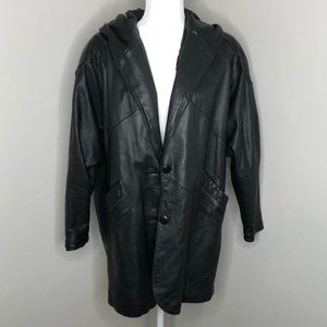 Black Leather Hooded Coat Jacket
